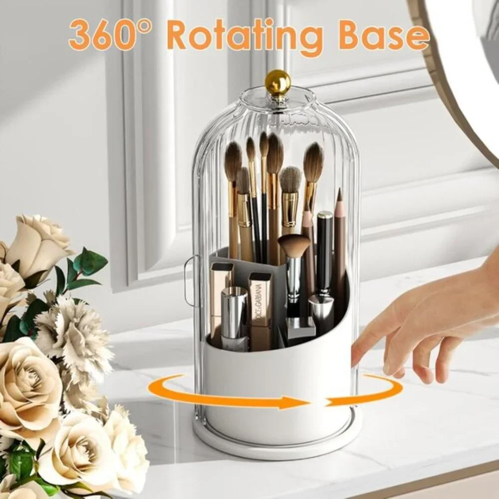 New 360° Rotating Clear Makeup Brush Holder with Lid for Vanity & Room
